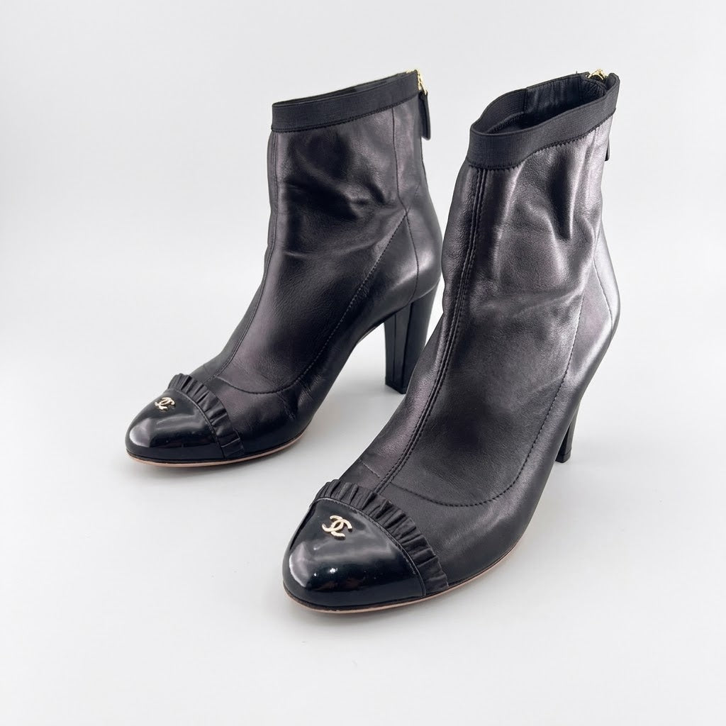Chanel Black Leather Cap Toe Ankle Boots-36.5