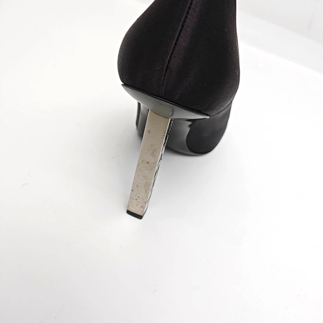 Chanel Black Suede Block Heels With Metal Logo-36