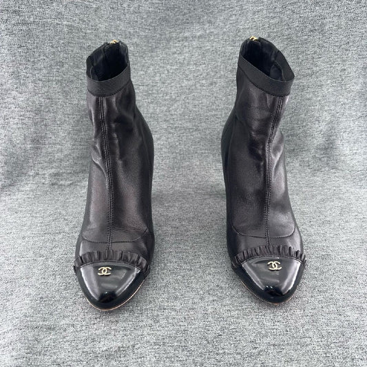 Chanel Black Leather Cap Toe Ankle Boots-36.5