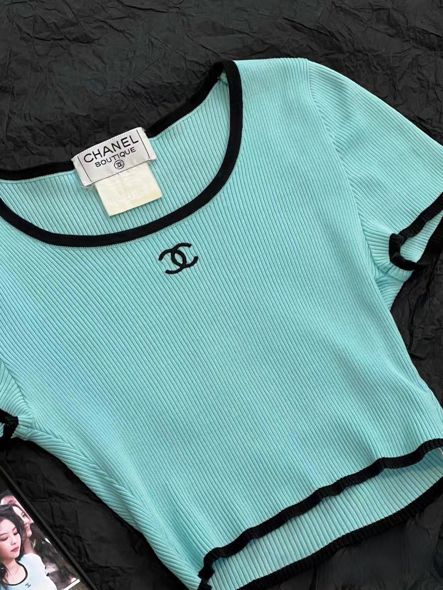 CHANEL BABY BLUE RIBBED LOGO CROPPED TOP