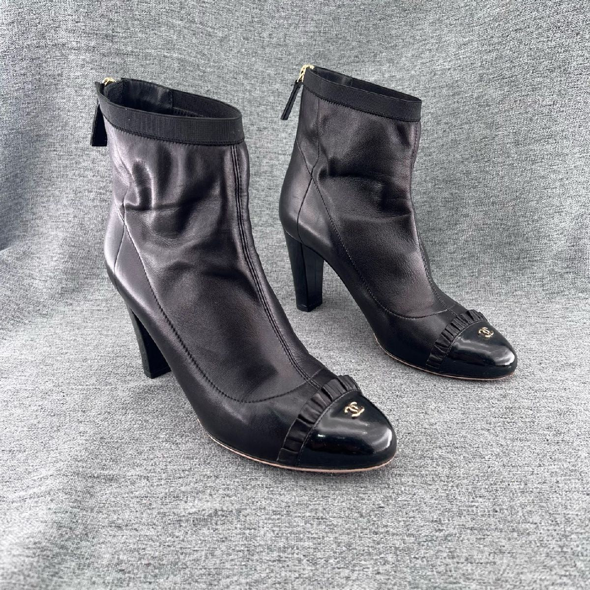 Chanel Black Leather Cap Toe Ankle Boots-36.5