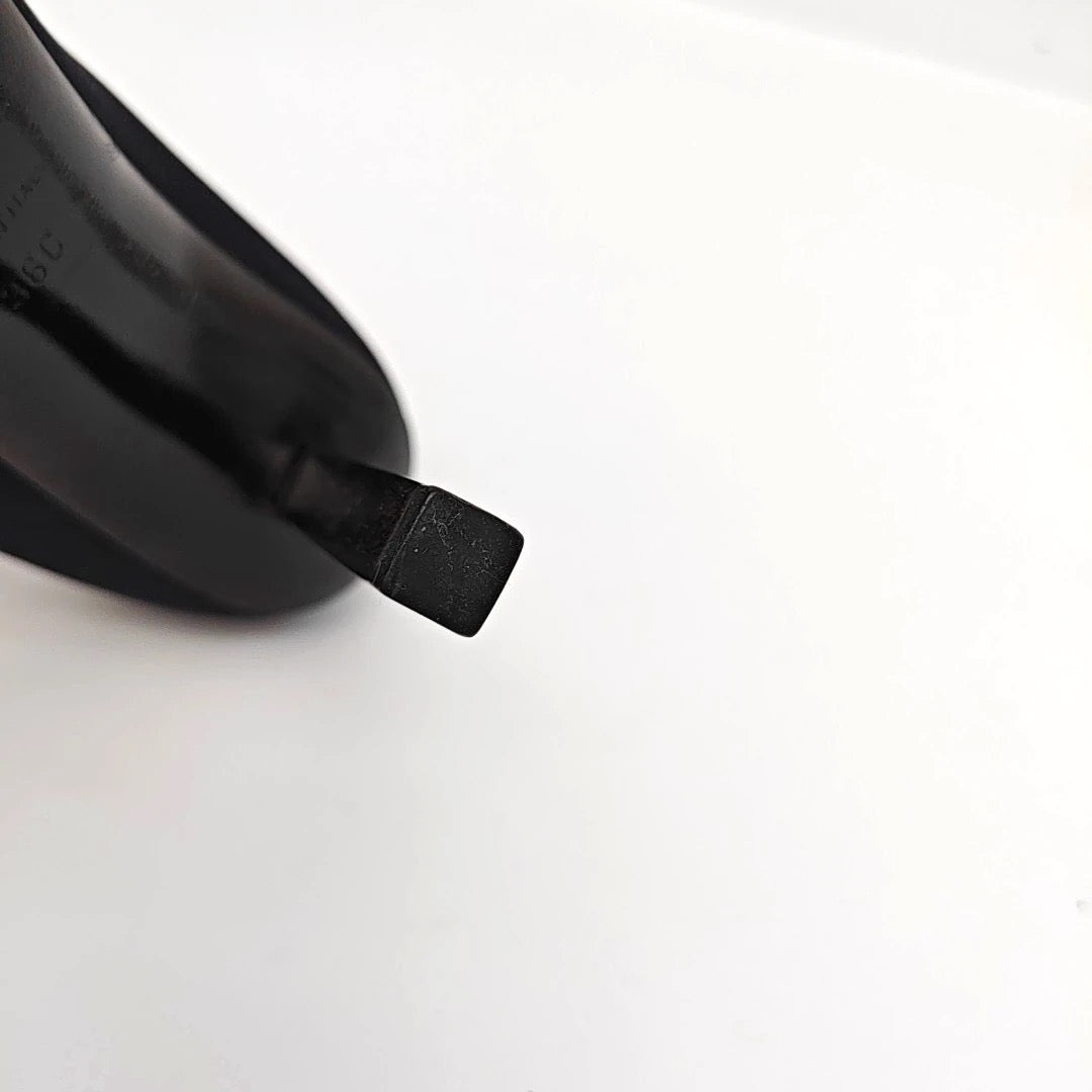 Chanel Black Suede Block Heels With Metal Logo-36
