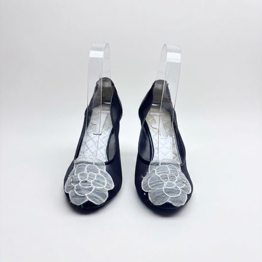 Chanel Black/White Tweed Leather Cap-Toe Heels-37.5