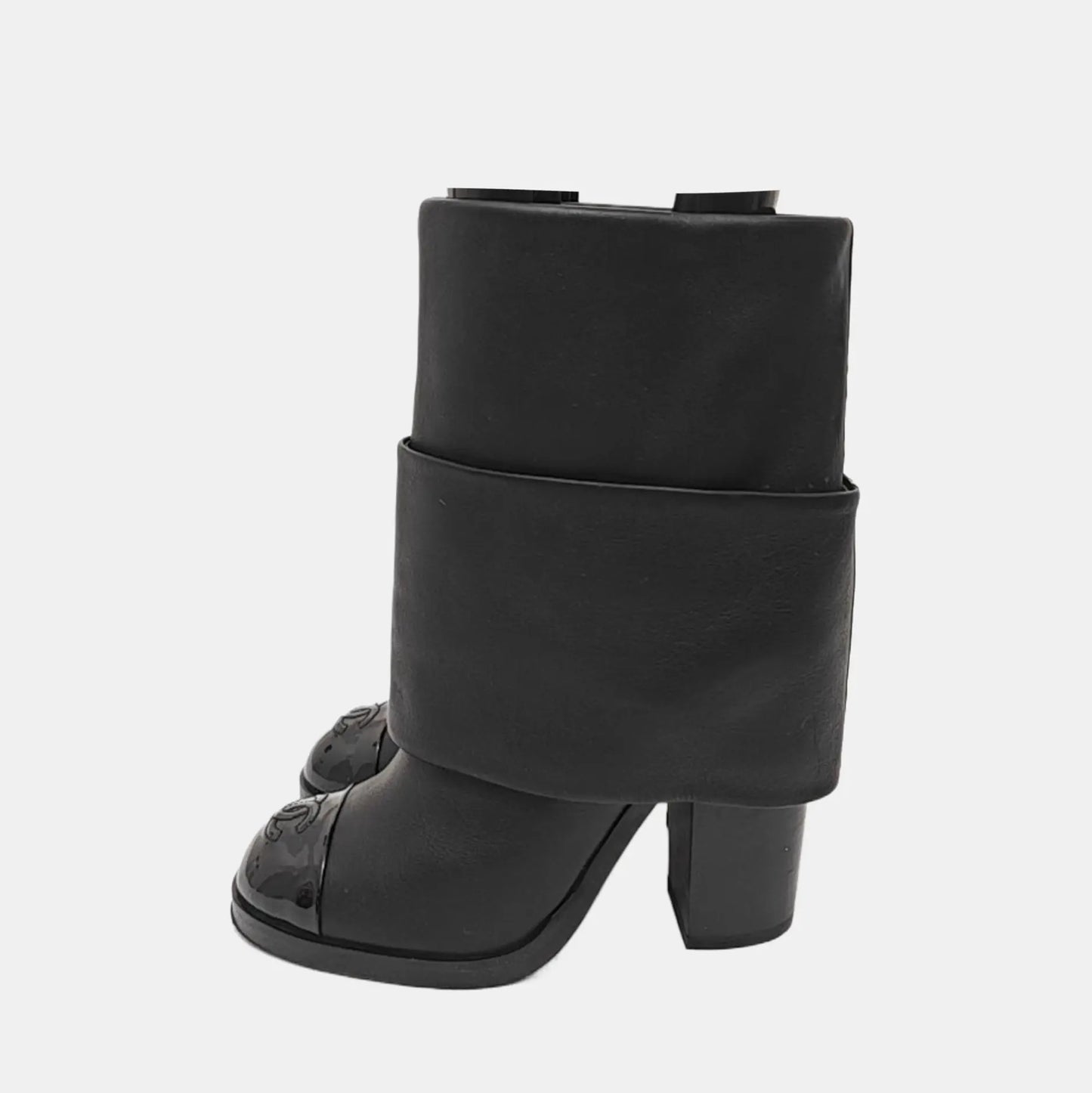 Chanel Black Leather Fold Over CC Ankle Boots-36