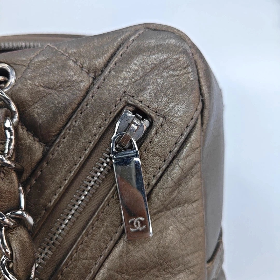 Chanel Metallic Bronze Quilted Leather Cotton Club Ligne Bowler Bag