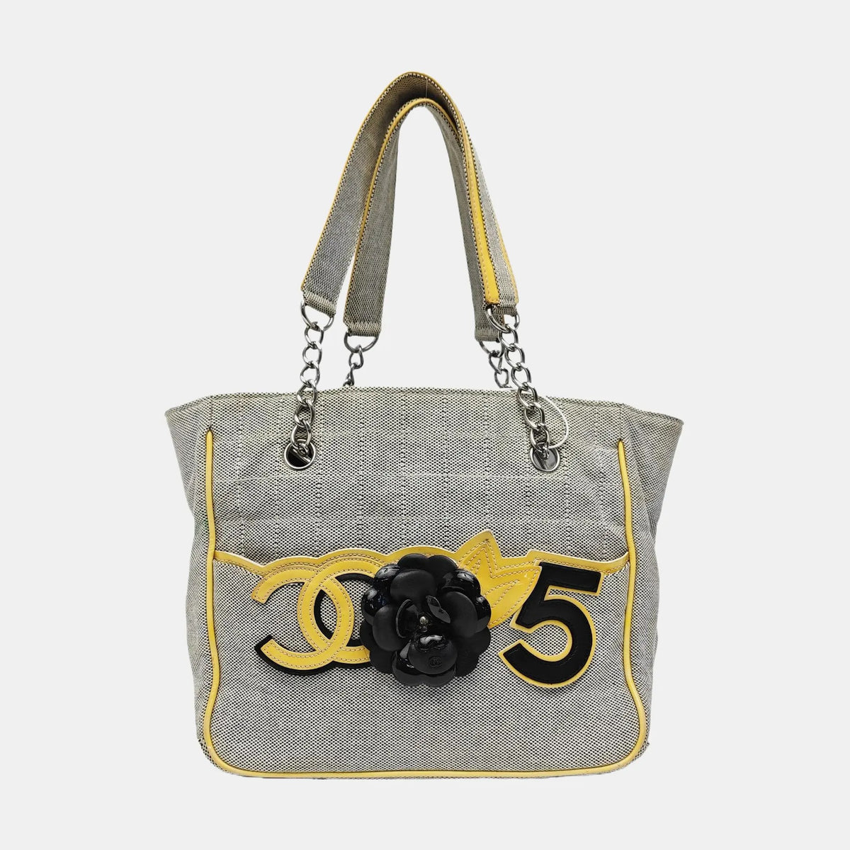 Chanel Grey Camellia Canvas Tote Bag With Chain Straps