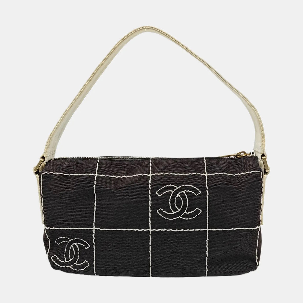 Chanel Black Canvas Shoulder Bag
White Stitching Gold Hardware