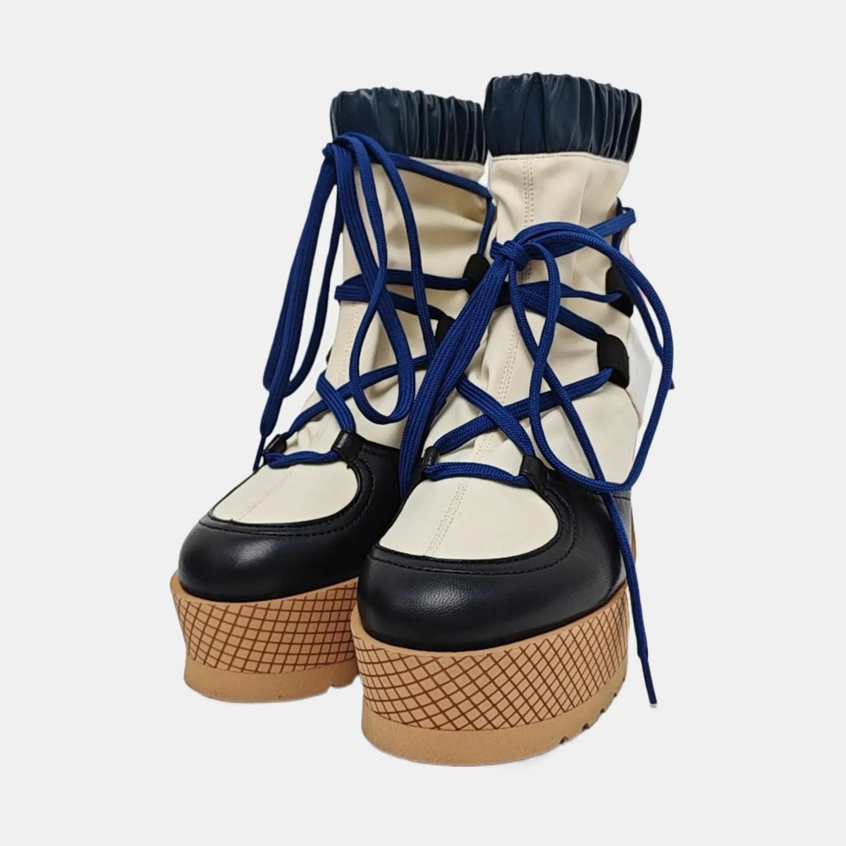 Chanel Fabric Lambskin Calfskin Runway Wedge Short Platform Boots 37 Blue White Pink