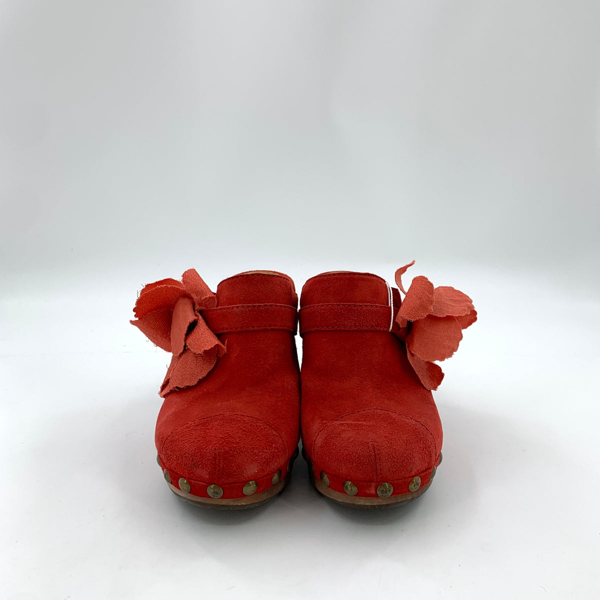 Chanel Red Suede Studded Wood Platform Block Heel Clogs Size-38