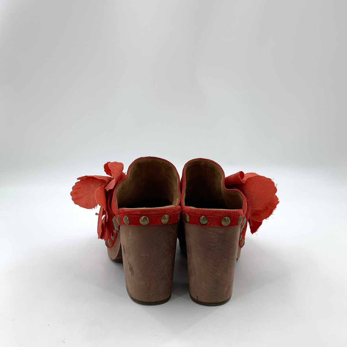 Chanel Red Suede Studded Wood Platform Block Heel Clogs Size-38