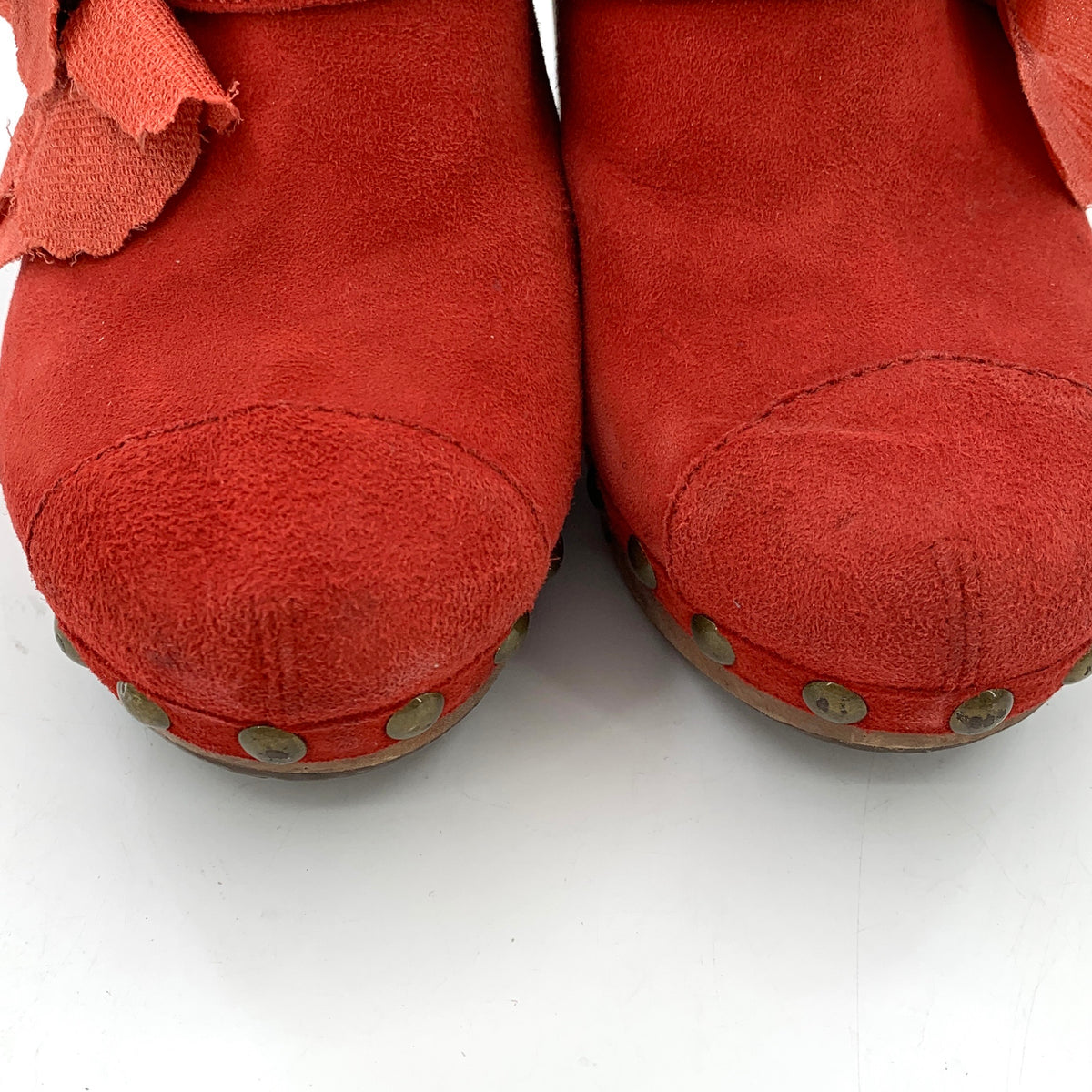 Chanel Red Suede Studded Wood Platform Block Heel Clogs Size-38
