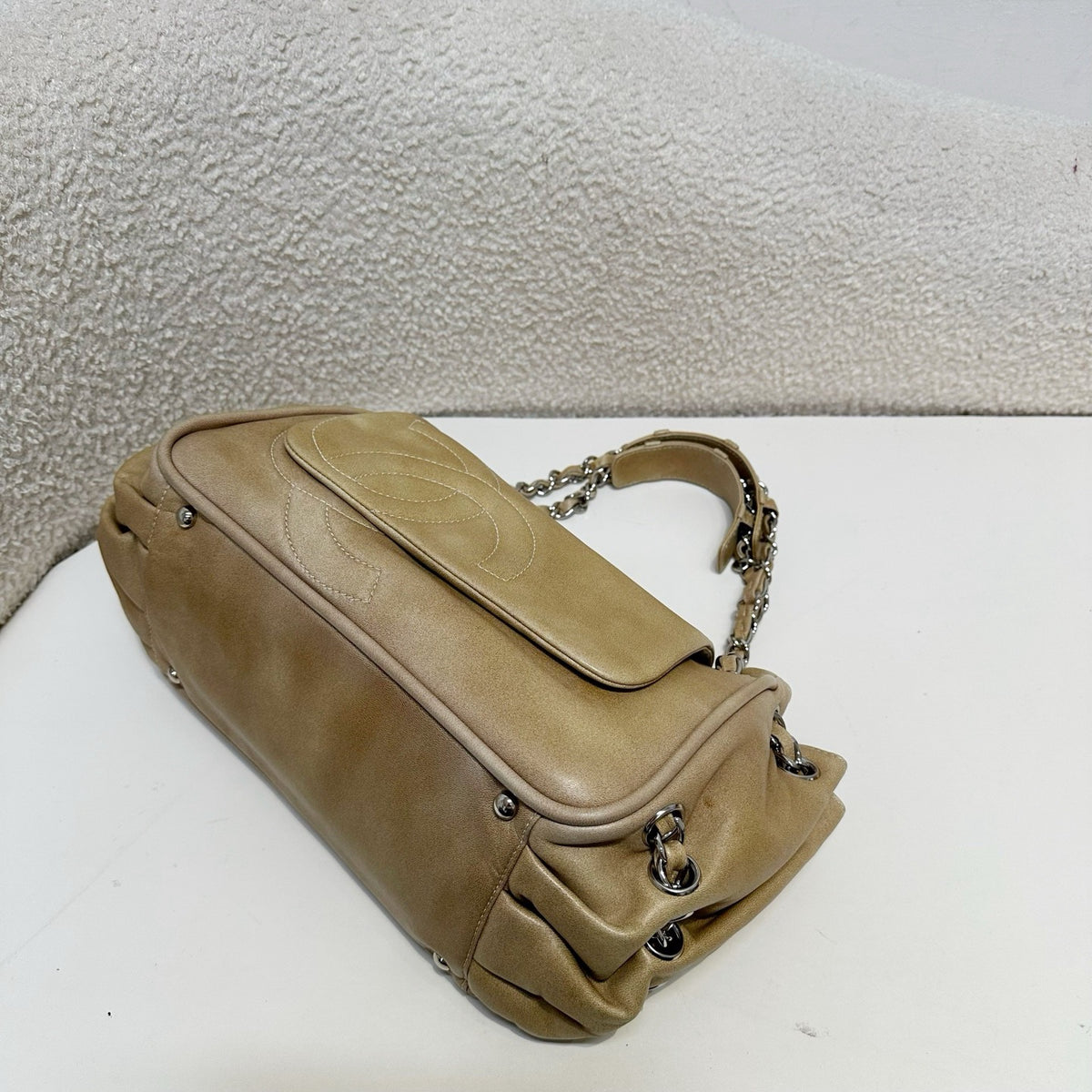 Chanel COCO Mark Chain Shoulder Bag Leather Gray Silver CC Brown Silvery