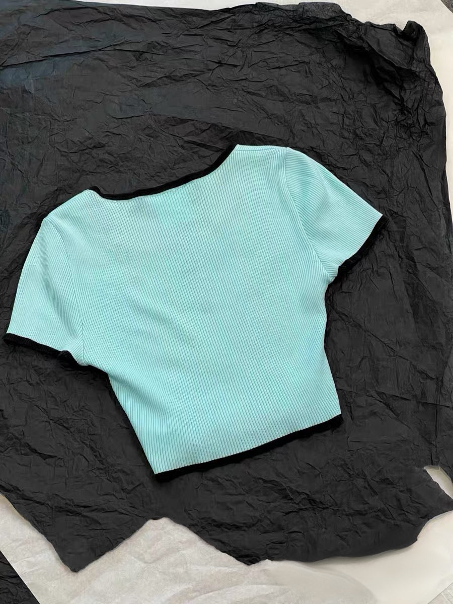 CHANEL BABY BLUE RIBBED LOGO CROPPED TOP
