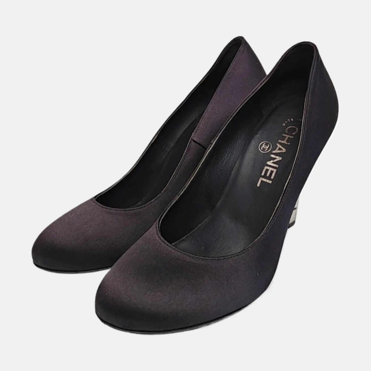 Chanel Black Suede Block Heels With Metal Logo-36