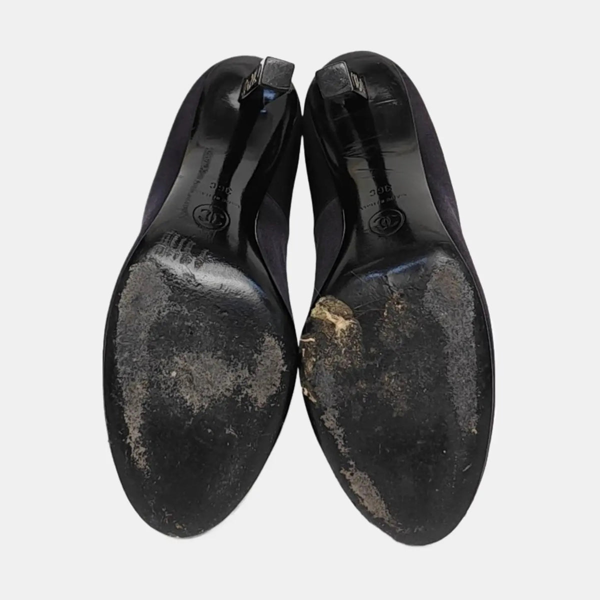 Chanel Black Suede Block Heels With Metal Logo-36