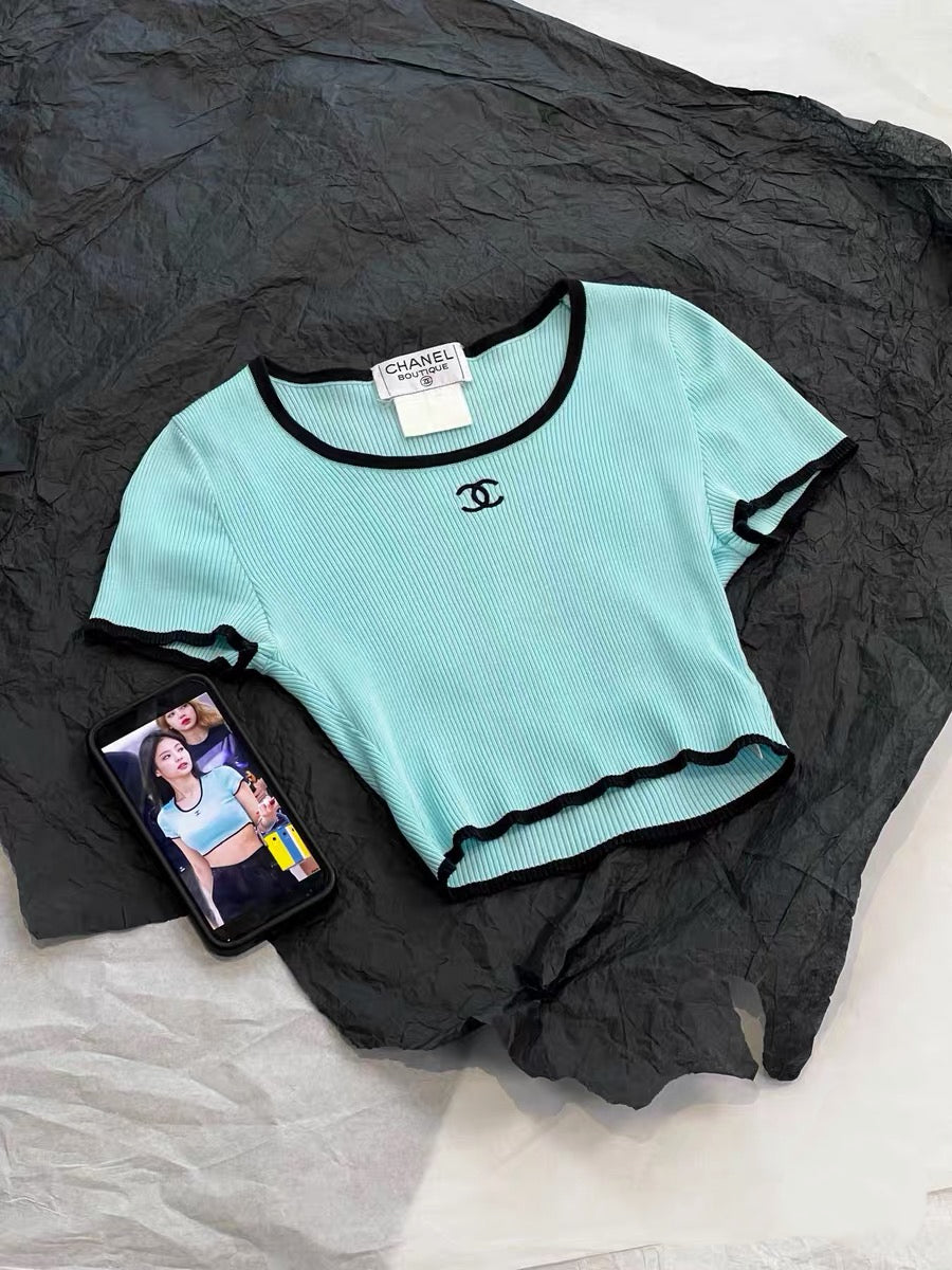CHANEL BABY BLUE RIBBED LOGO CROPPED TOP