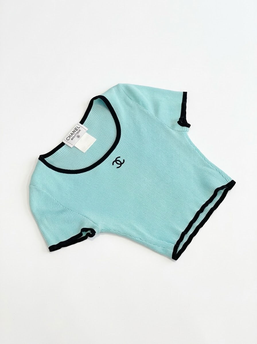 CHANEL BABY BLUE RIBBED LOGO CROPPED TOP