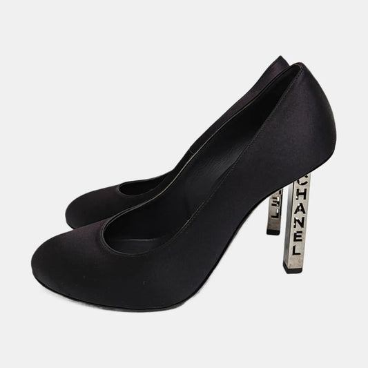Chanel Black Suede Block Heels With Metal Logo-36