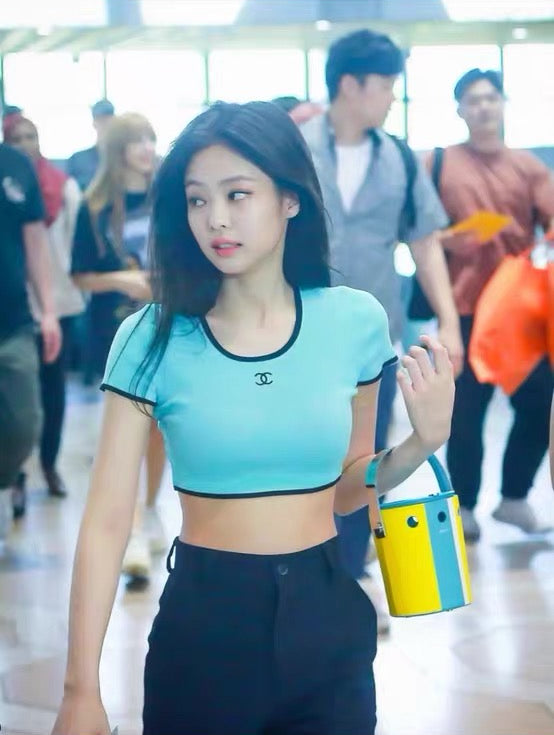 CHANEL BABY BLUE RIBBED LOGO CROPPED TOP