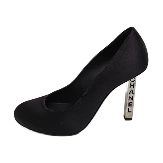 Chanel Black Suede Block Heels With Metal Logo-36
