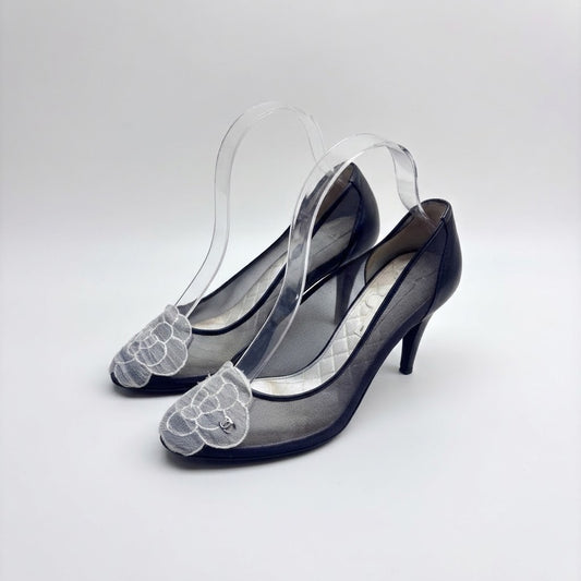 Chanel Black/White Tweed Leather Cap-Toe Heels-37.5
