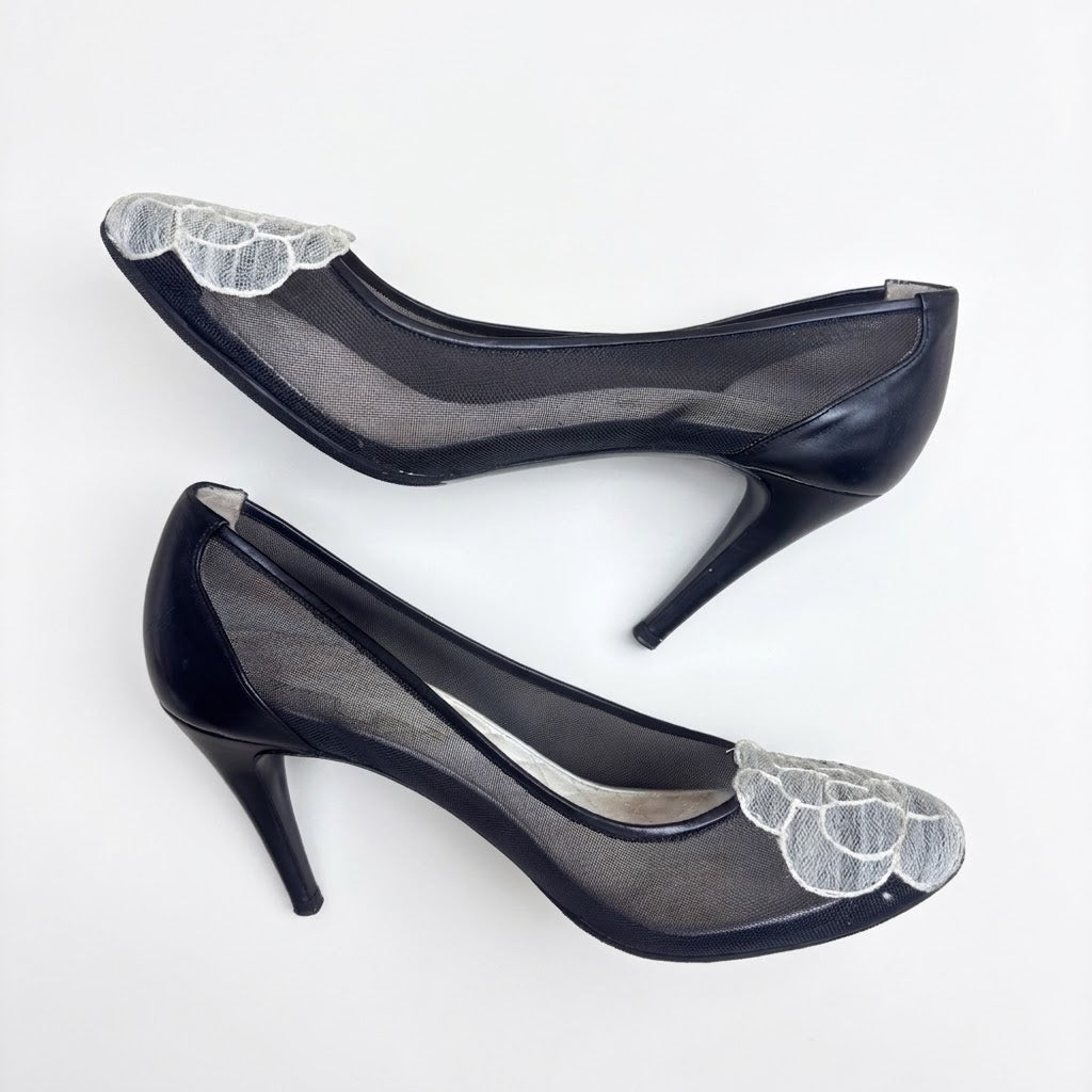 Chanel Black/White Tweed Leather Cap-Toe Heels-37.5