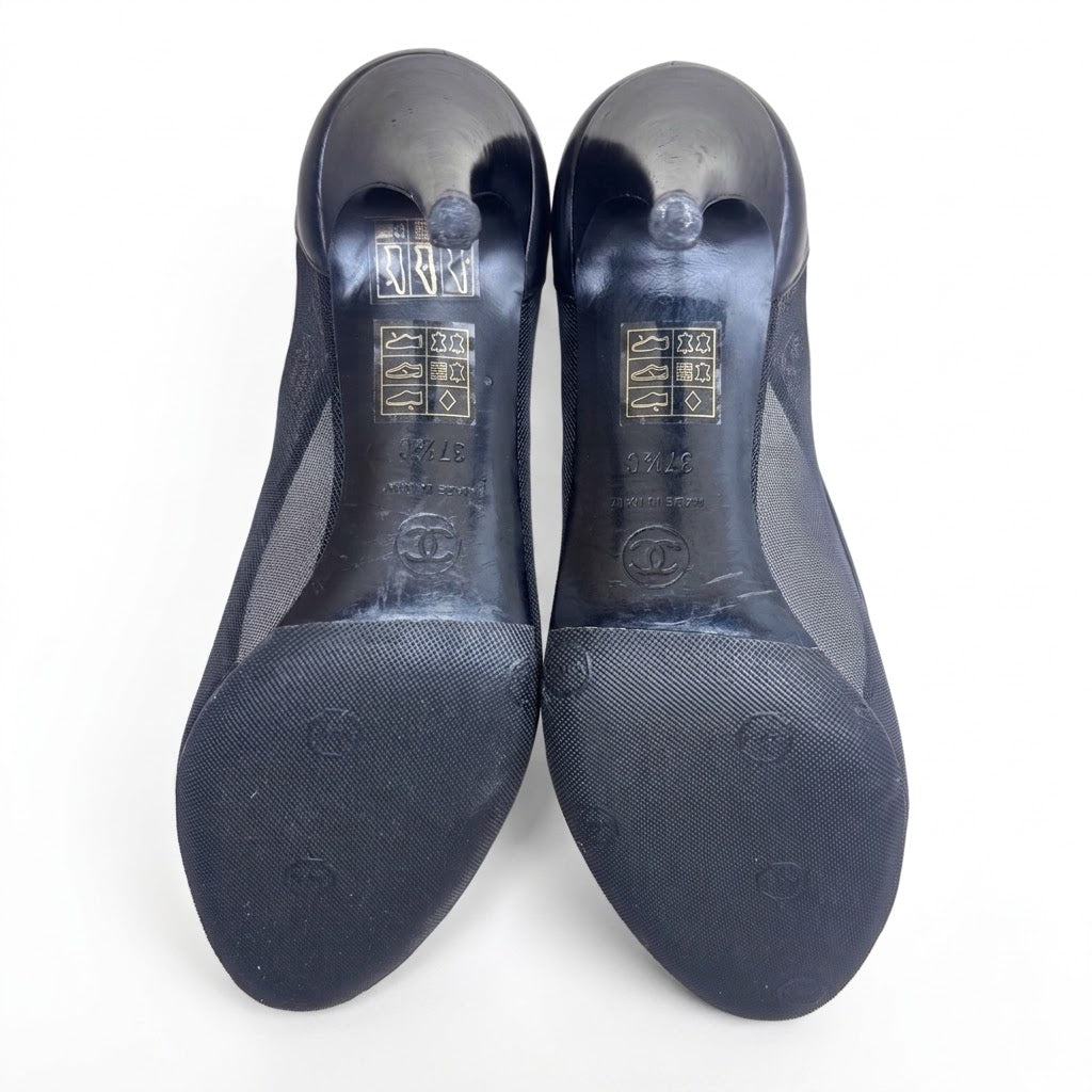 Chanel Black/White Tweed Leather Cap-Toe Heels-37.5