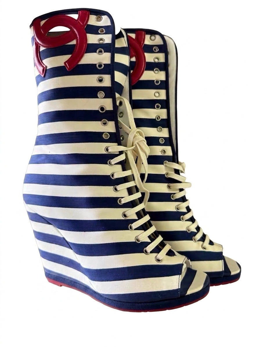 Chanel Cruise Wedge Stripped Boots-37.5