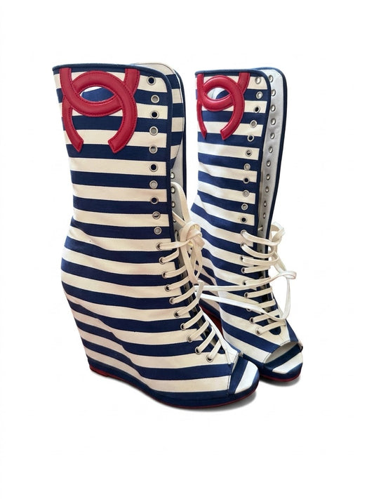 Chanel Cruise Wedge Stripped Boots-37.5