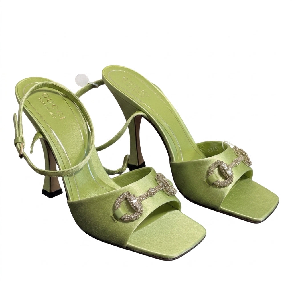 Gucci Green Cloth Embellished Strap Heels-38