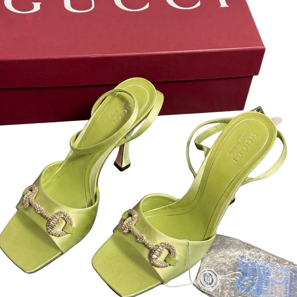 Gucci Green Cloth Embellished Strap Heels-38