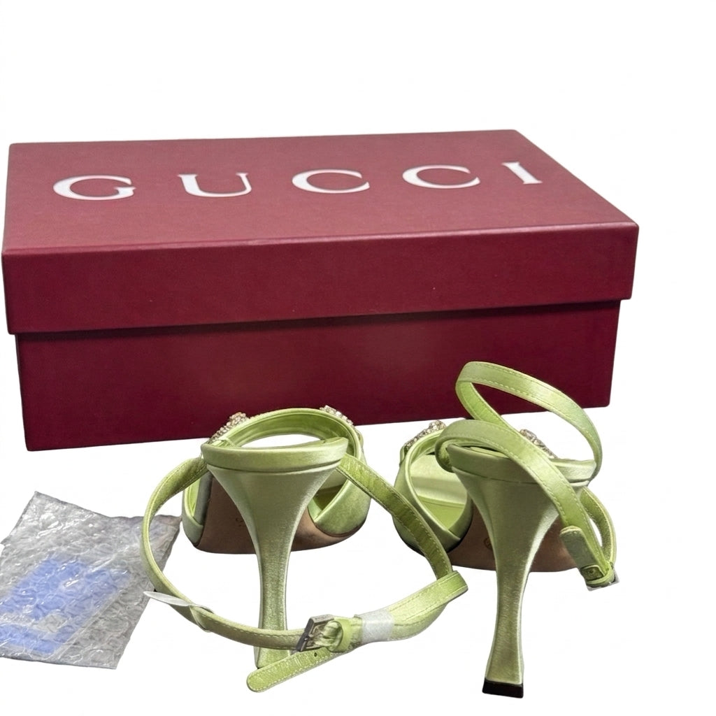 Gucci Green Cloth Embellished Strap Heels-38