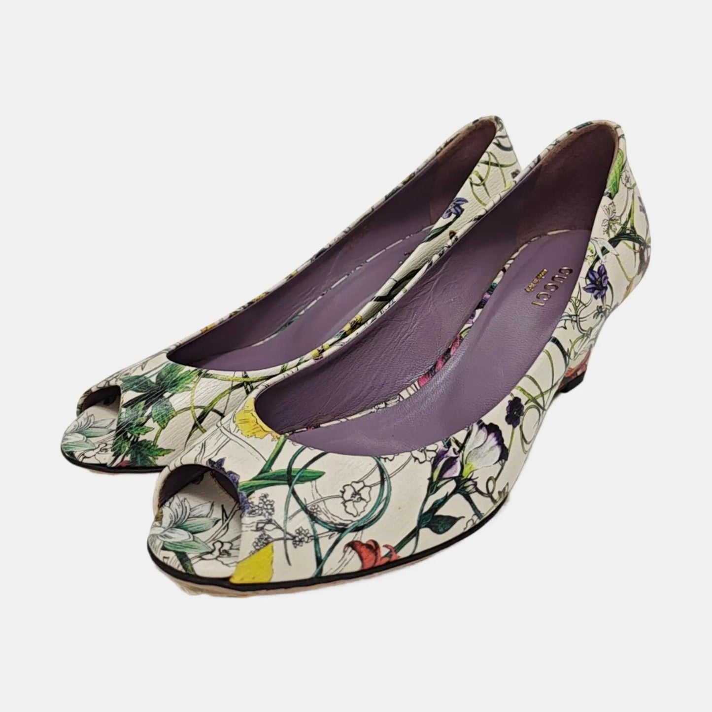 GUCCI Botanical Floral Wedge Heel Open Toe Pumps-36.5