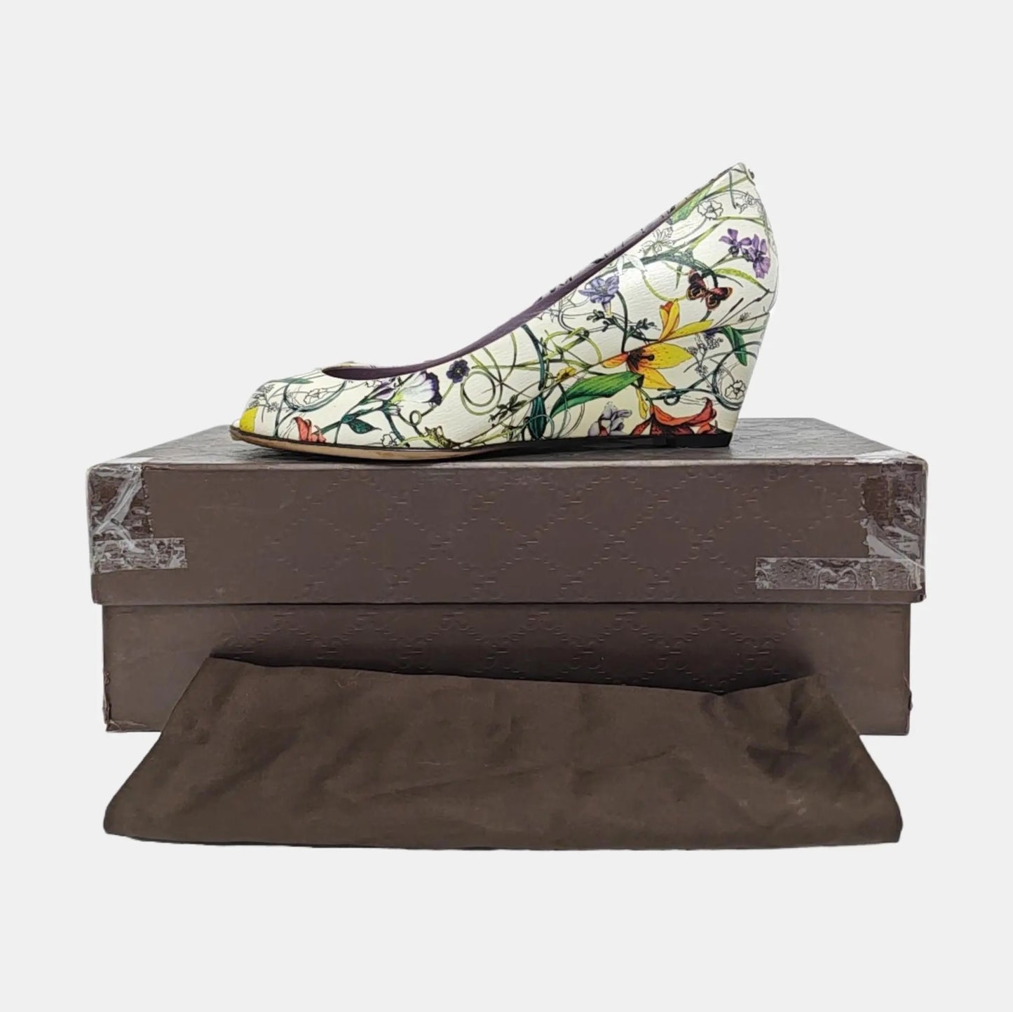 GUCCI Botanical Floral Wedge Heel Open Toe Pumps-36.5