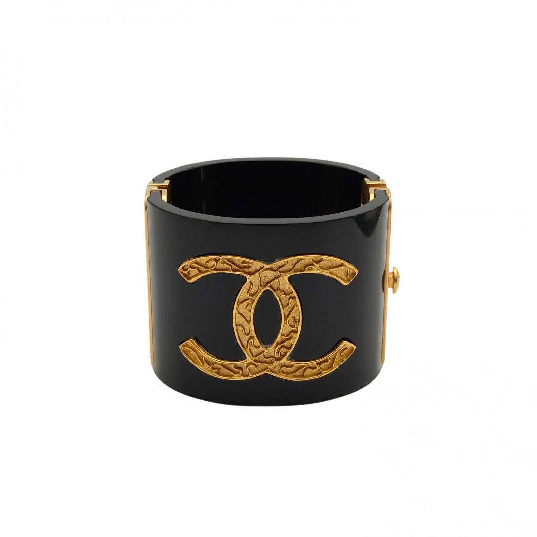 Chanel CC Black Resin Gold Tone Wide Cuff Bracelet 16cm