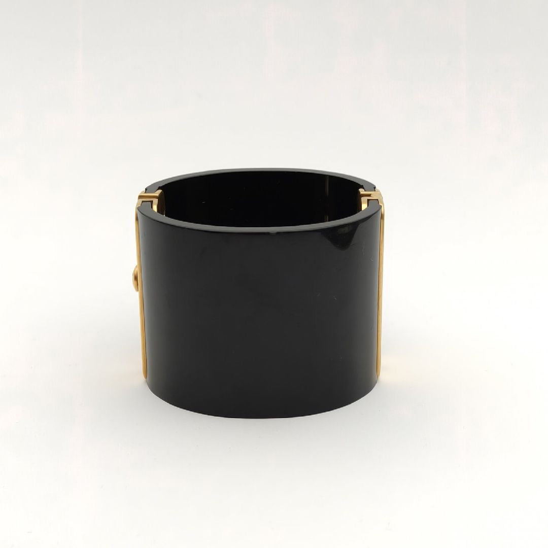 Chanel CC Black Resin Gold Tone Wide Cuff Bracelet 16cm