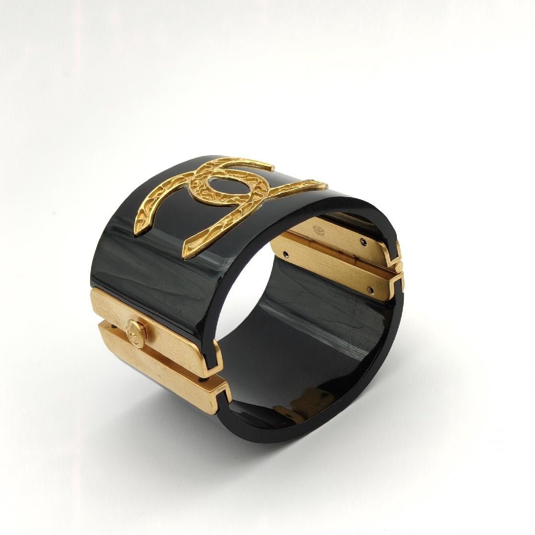 Chanel CC Black Resin Gold Tone Wide Cuff Bracelet 16cm
