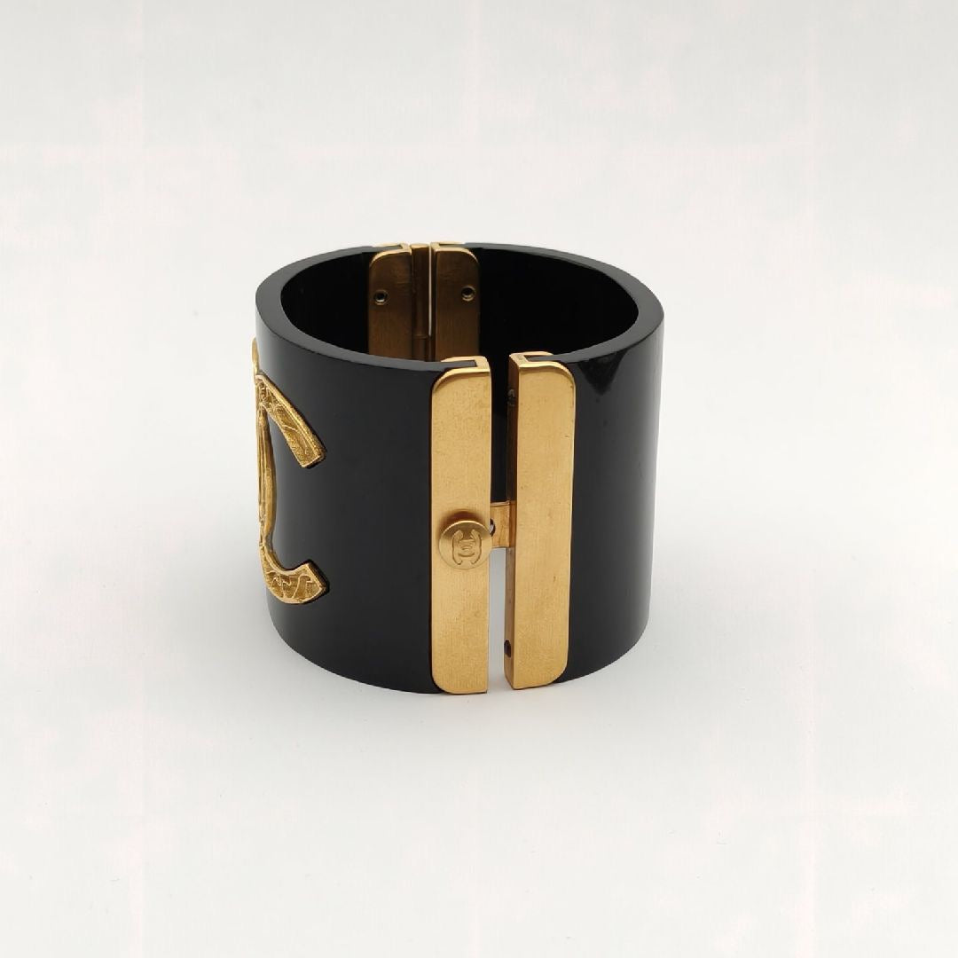 Chanel CC Black Resin Gold Tone Wide Cuff Bracelet 16cm