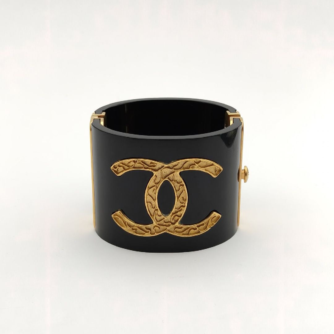 Chanel CC Black Resin Gold Tone Wide Cuff Bracelet 16cm