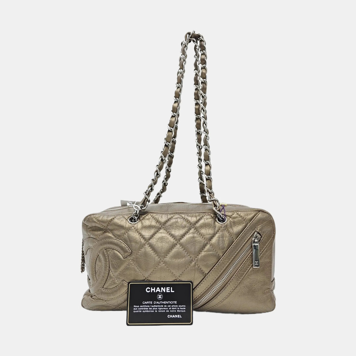 Chanel Metallic Bronze Quilted Leather Cotton Club Ligne Bowler Bag