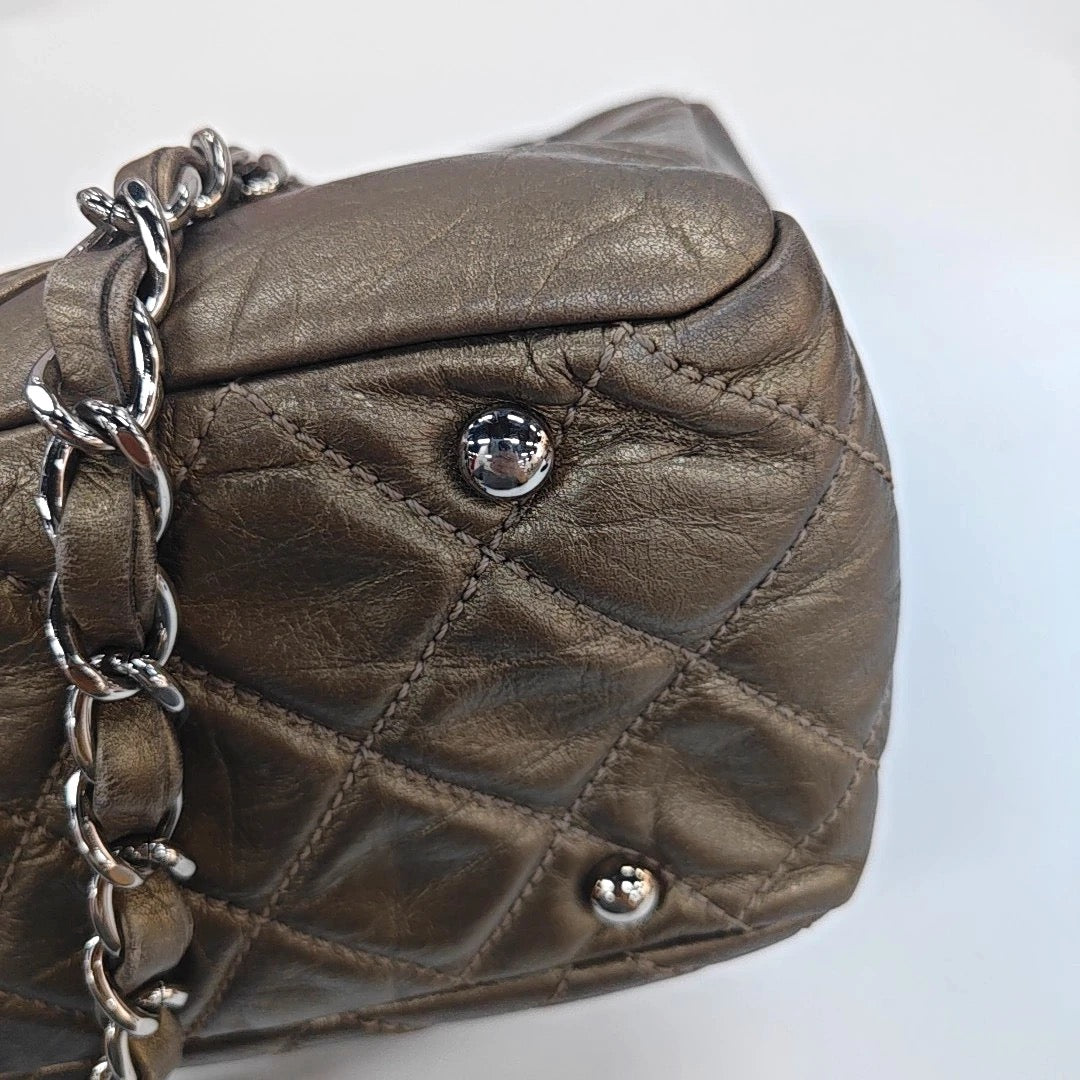 Chanel Metallic Bronze Quilted Leather Cotton Club Ligne Bowler Bag