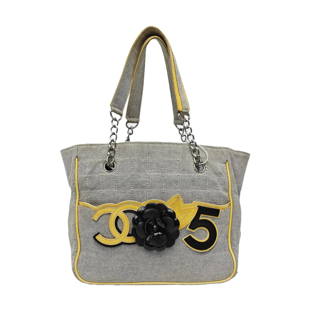 Chanel Grey Camellia Canvas Tote Bag With Chain Straps