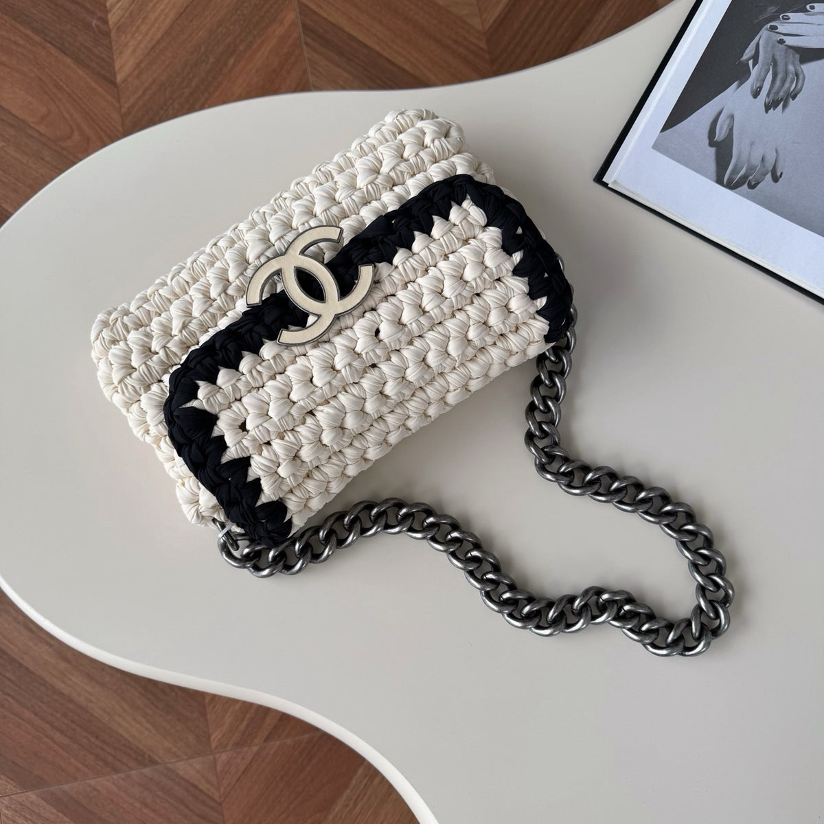 Chanel 2014 Neoprene Fancy Crochet Flap shoulder bag