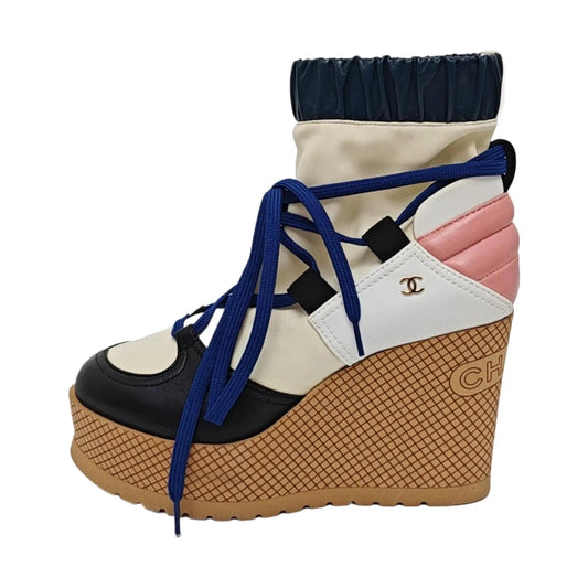 Chanel Fabric Lambskin Calfskin Runway Wedge Short Platform Boots 37 Blue White Pink