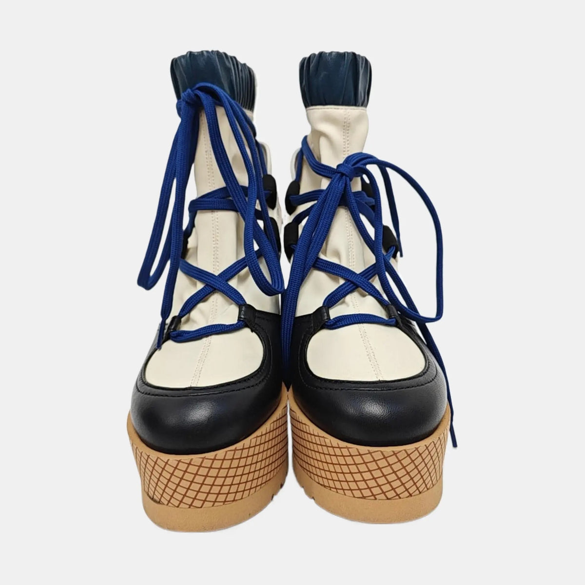 Chanel Fabric Lambskin Calfskin Runway Wedge Short Platform Boots 37 Blue White Pink