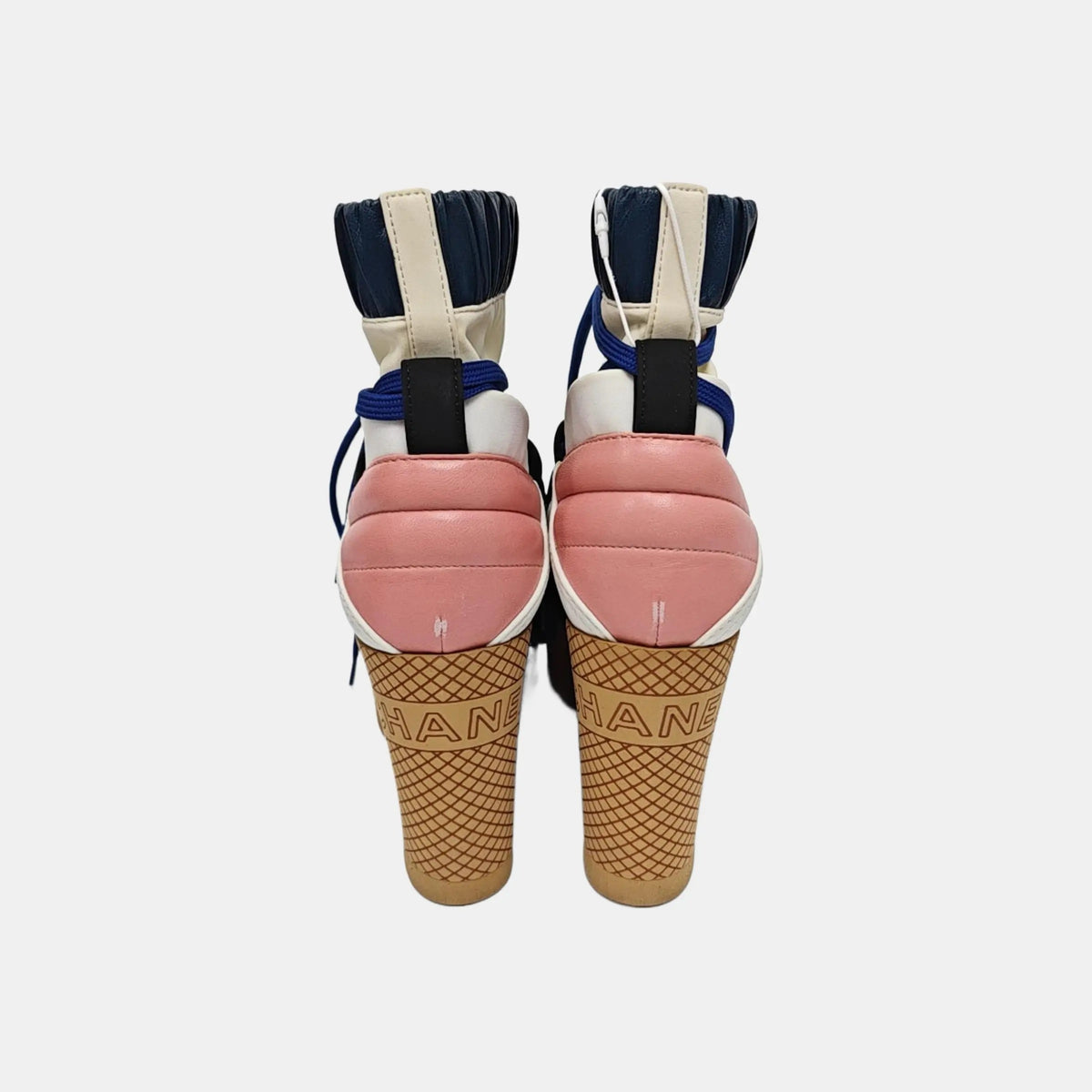Chanel Fabric Lambskin Calfskin Runway Wedge Short Platform Boots 37 Blue White Pink