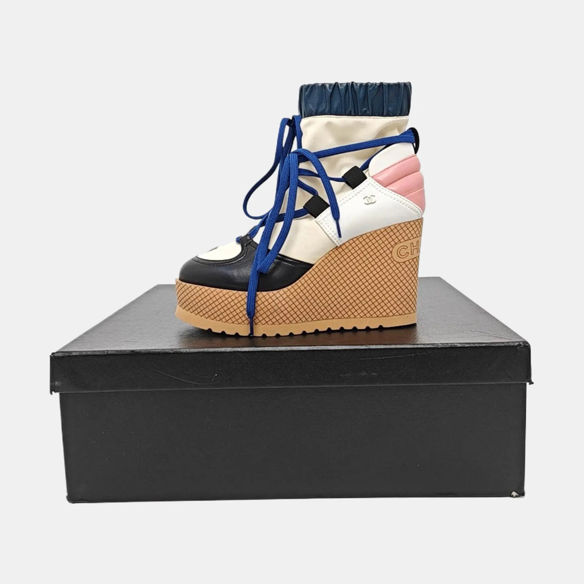Chanel Fabric Lambskin Calfskin Runway Wedge Short Platform Boots 37 Blue White Pink