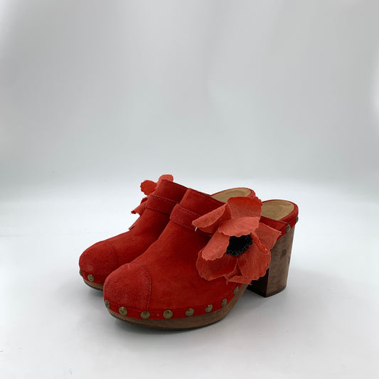 Chanel Red Suede Studded Wood Platform Block Heel Clogs Size-38