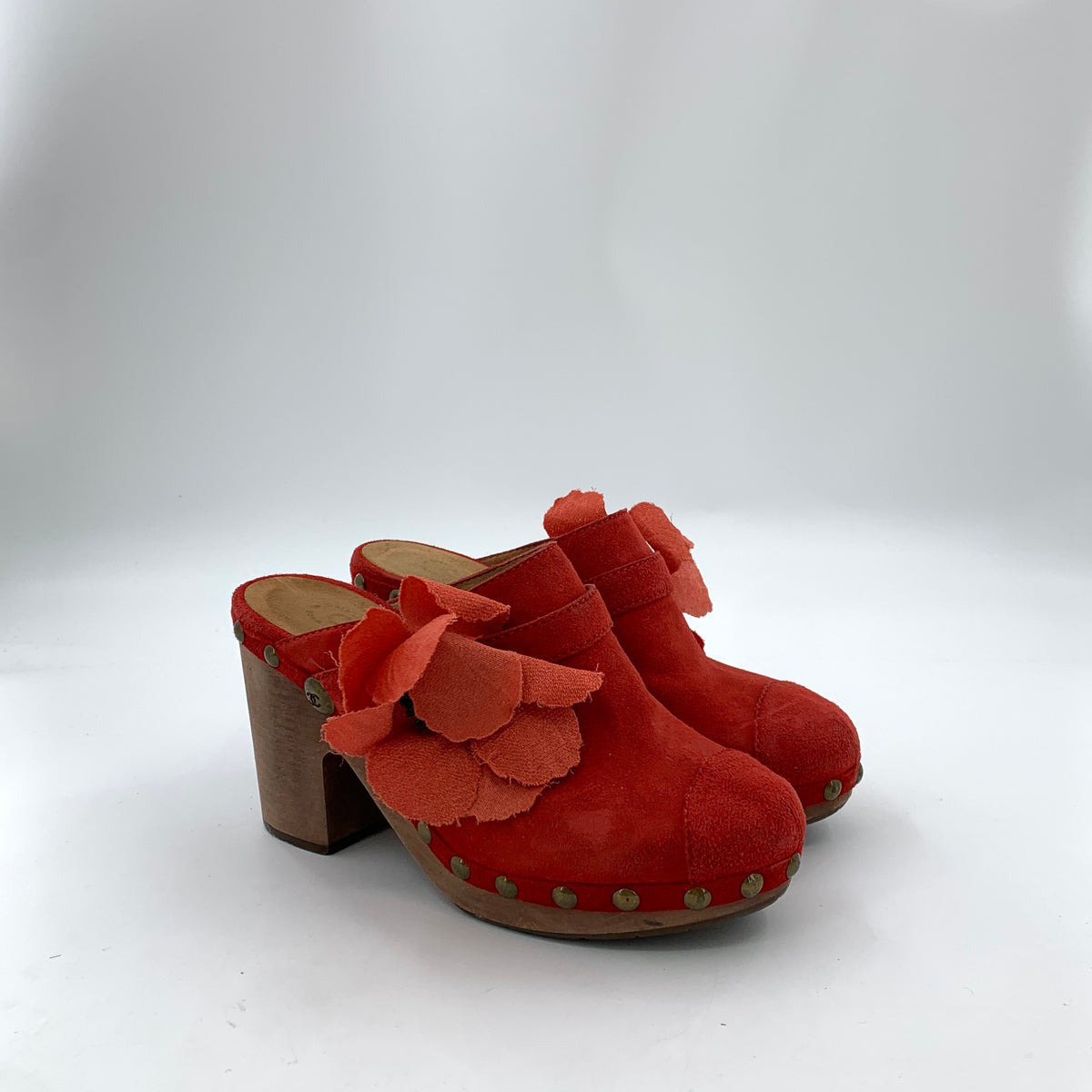 Chanel Red Suede Studded Wood Platform Block Heel Clogs Size-38