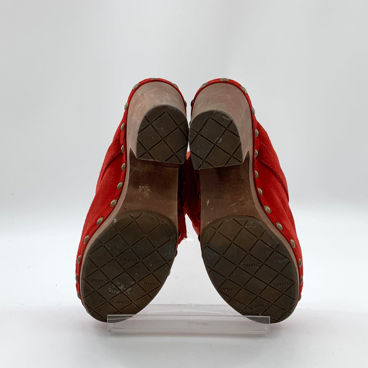 Chanel Red Suede Studded Wood Platform Block Heel Clogs Size-38